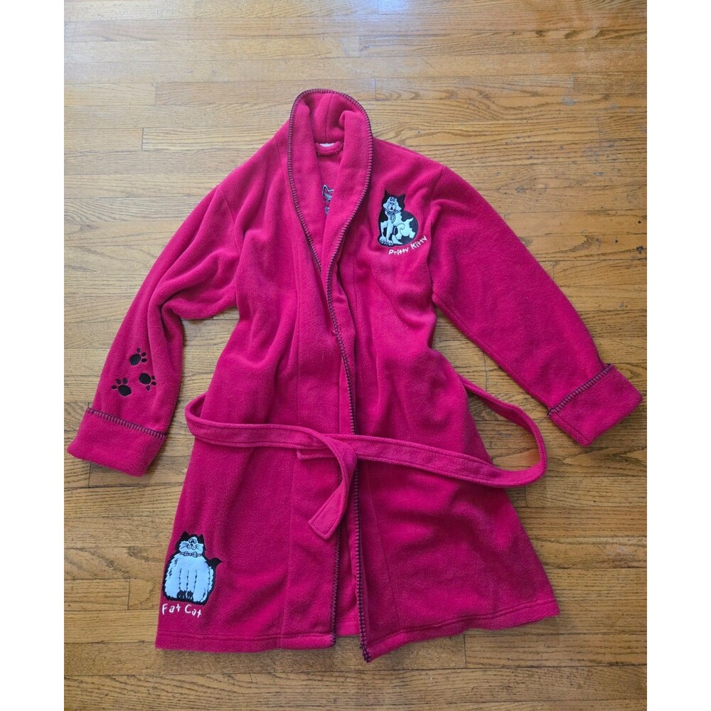 Delicates  Red Crazy Cat Lady Robe Size Medium Fleece Long Sleeve Cat Print